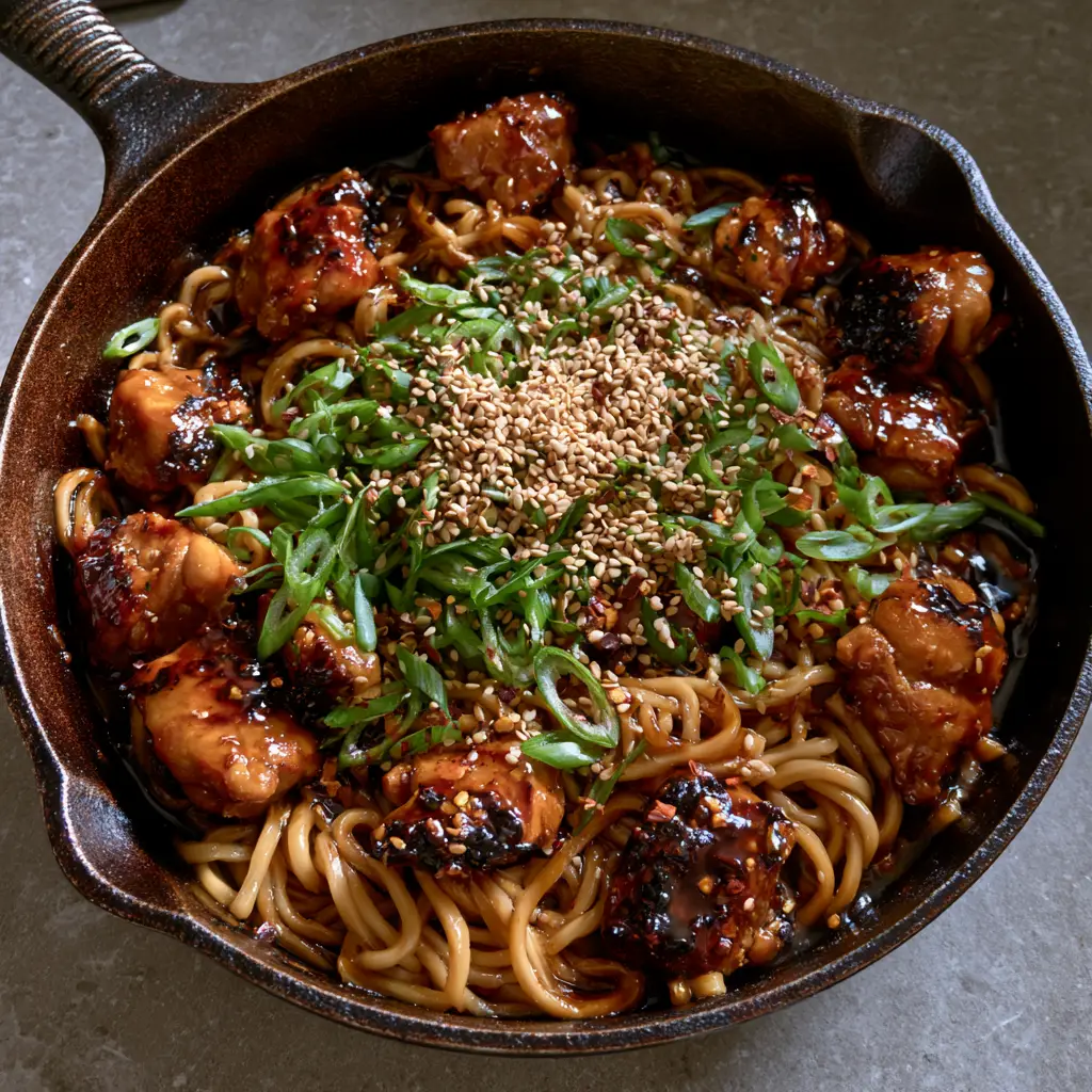 Chicken Teriyaki Noodles: The Ultimate 30-Minute Sticky Stir-Fry 1 Chicken teriyaki noodles garnished with sesame seeds and green onions in a cast iron pan on a stone countertop.