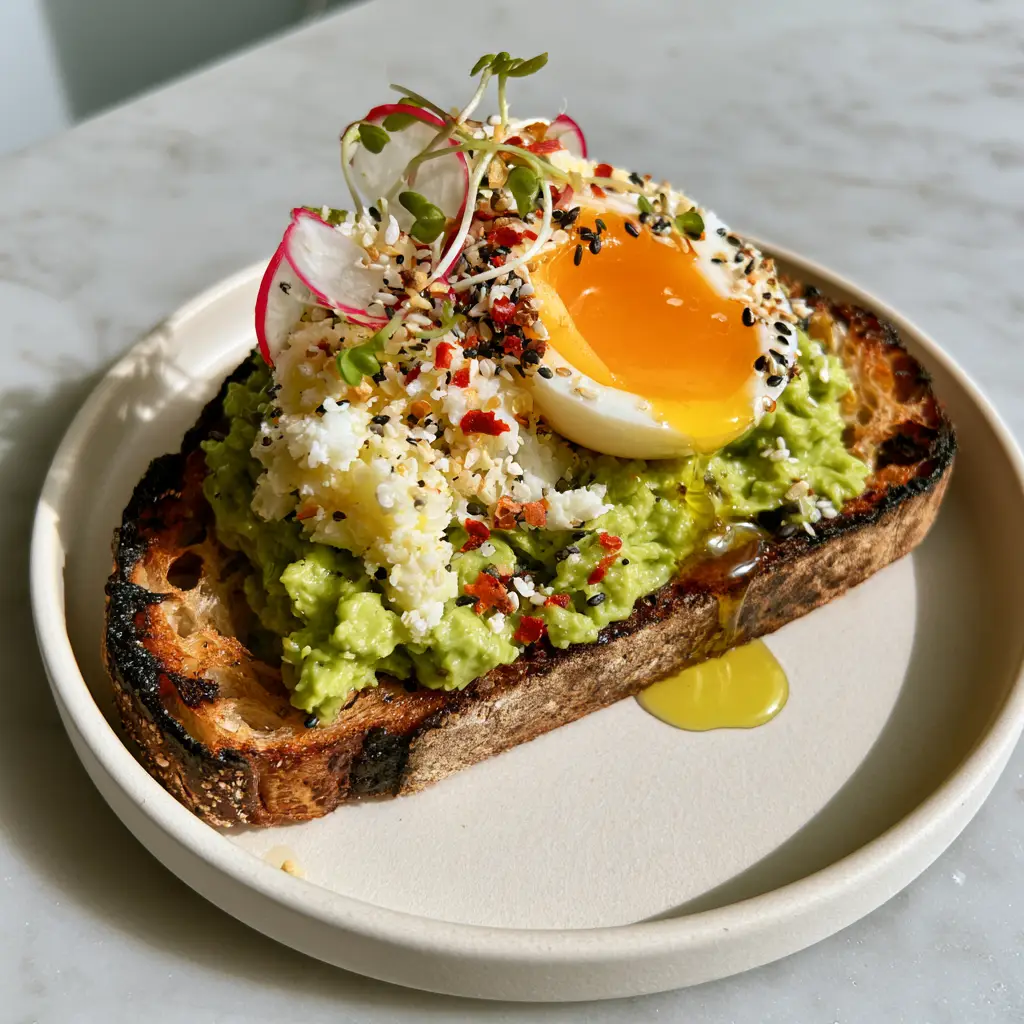 Close up of everything bagel seasoning and grated egg on avocado on toast.