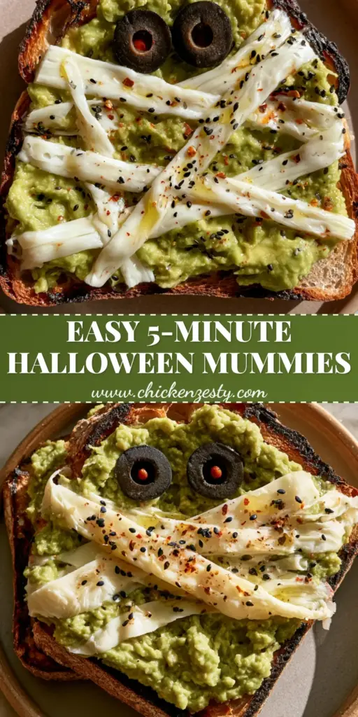 A top-down view of two avocado toast mummies on thick sourdough with mozzarella bandages and olive eyes. (avocado toast mummies)