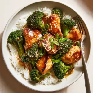 Close up of seared golden chicken cubes in a thick amber honey garlic glaze for family meals.