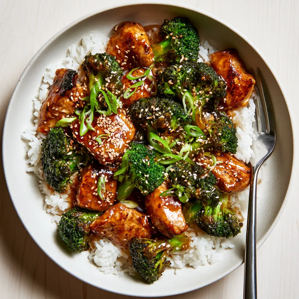 Honey garlic chicken and vibrant emerald broccoli served over steaming white jasmine rice.