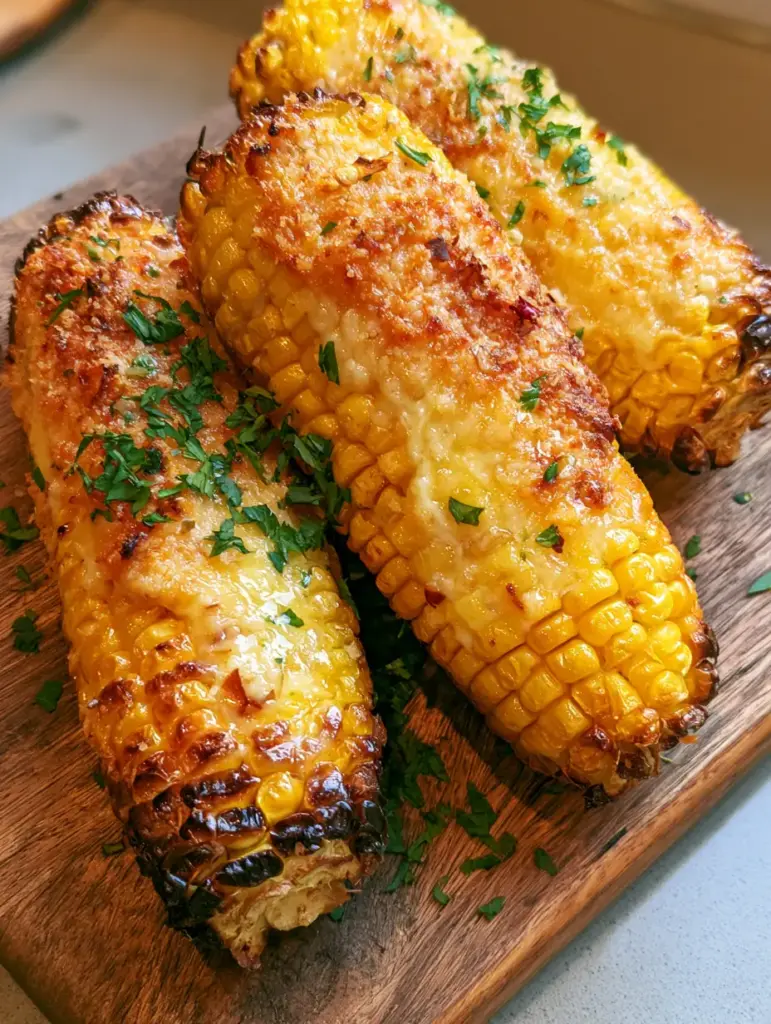 Garlic Parmesan Corn on the Cob: The Ultimate Air Fryer Recipe 1 A vertical photo showing the dense parmesan crust and red chili flakes on Garlic Parmesan Corn on the Cob.