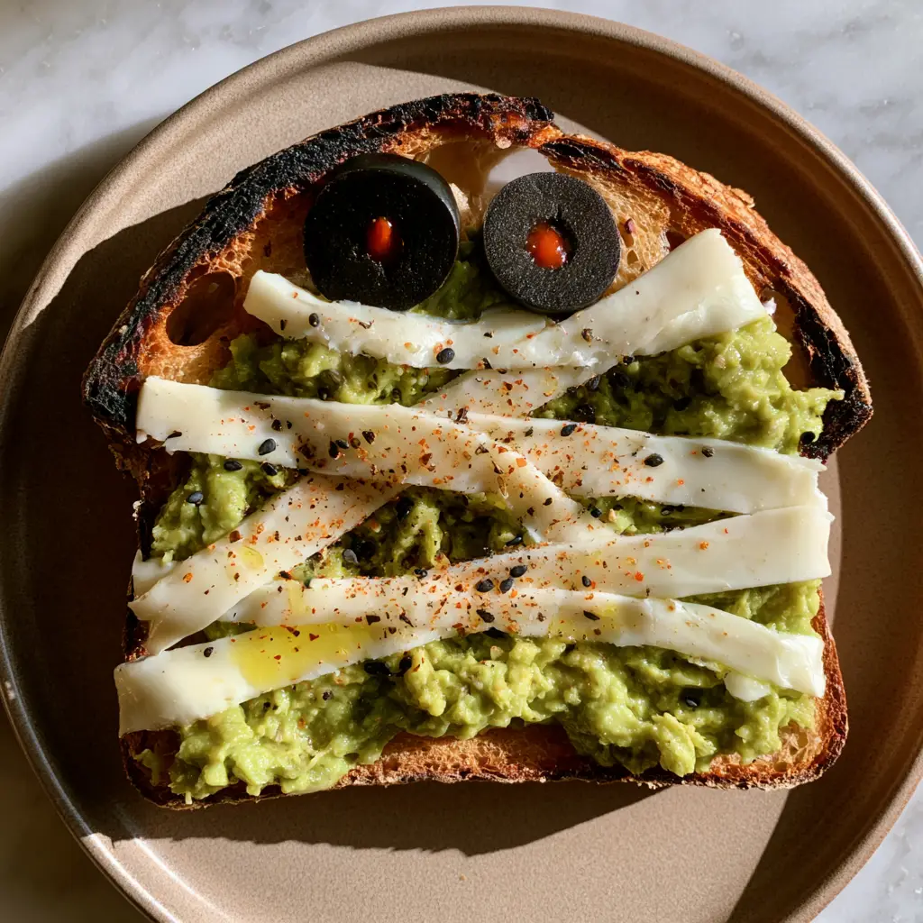 Visualizing the cross-hatch mozzarella pattern on the green avocado mash for avocado toast mummies.