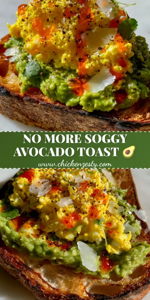 A close-up shot of sourdough toast topped with chunky avocado, a mountain of fluffy grated hard-boiled egg, and red chili oil. (avocado toast tips)