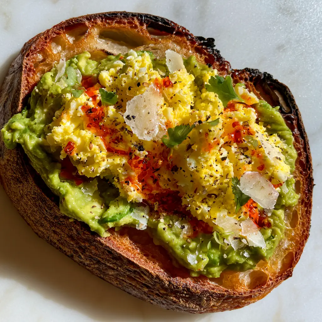 Detailed view of fluffy grated egg on top of avocado toast with micro-cilantro and sea salt flakes.