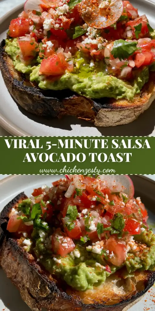 A vertical shot of salsa avocado toast on charred sourdough with vibrant pico de gallo and radishes.