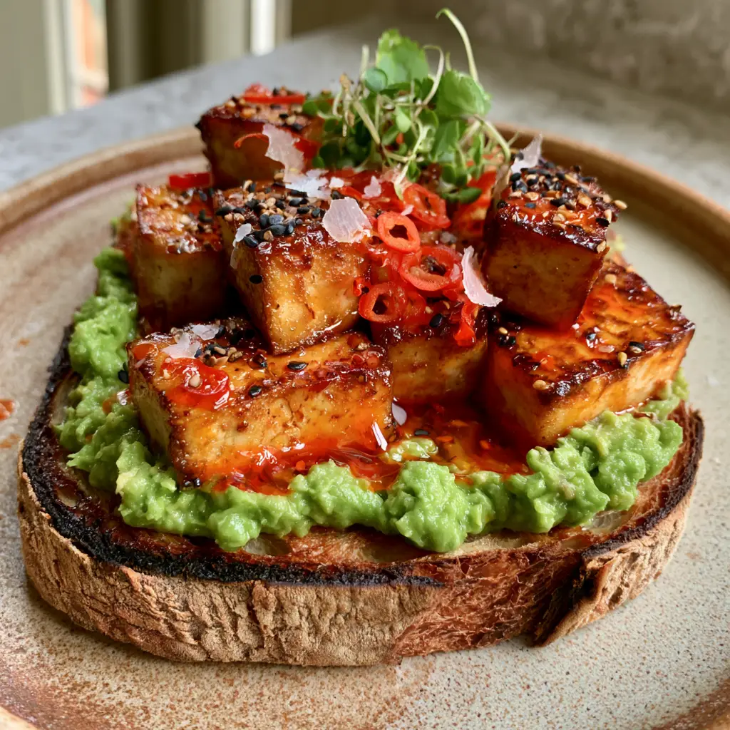 Close-up of seared golden-brown paneer cubes and red chili oil on chunky avocado toast (paneer avocado toast).