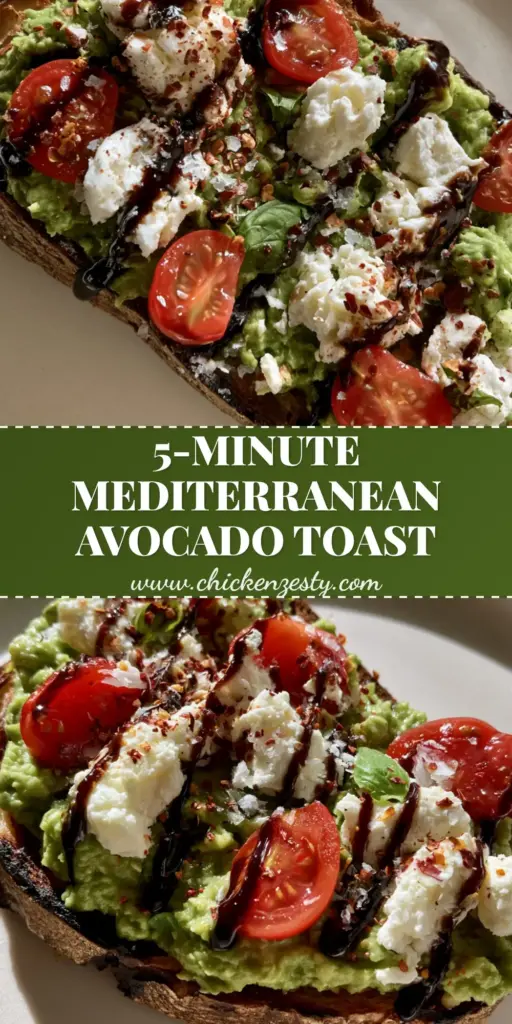 A top-down shot of mediterranean avocado toast on sourdough with feta, tomatoes, and a balsamic glaze zigzag.