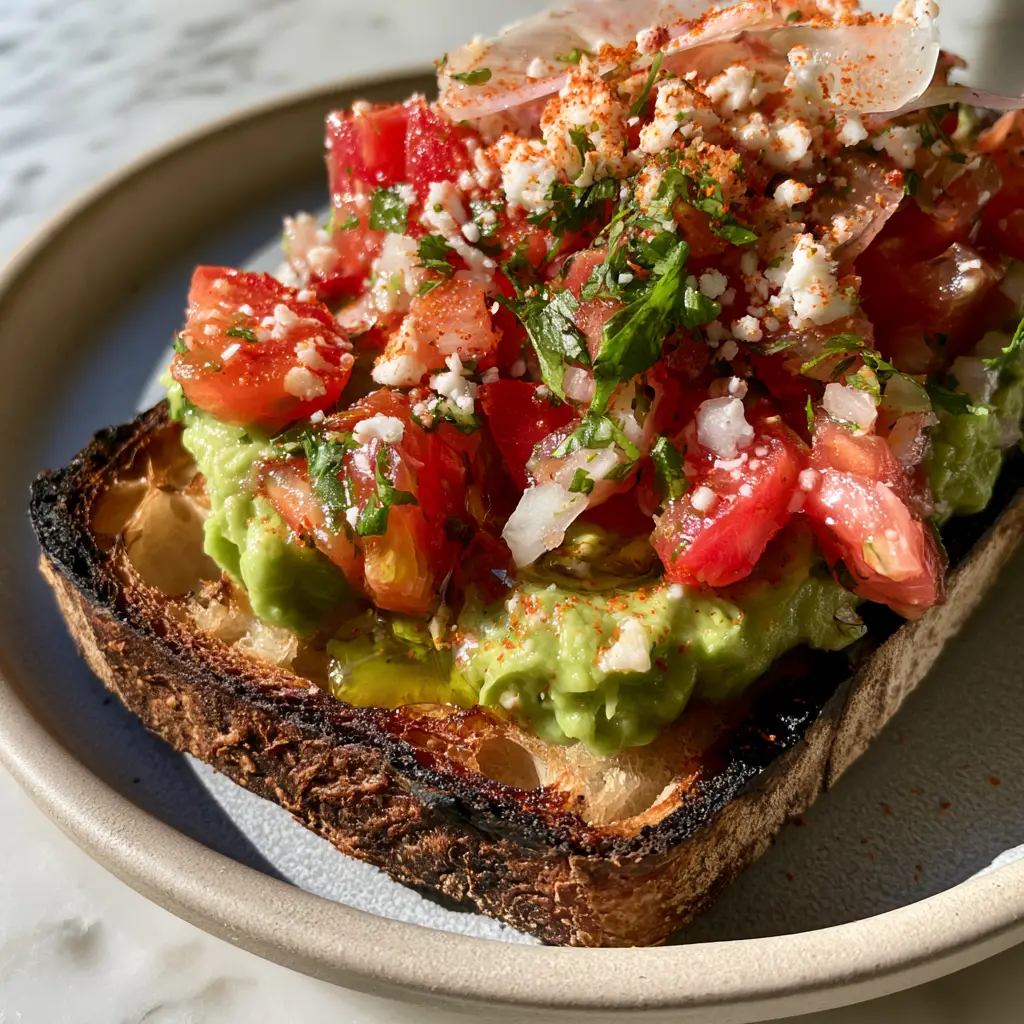 Close-up of salsa avocado toast showing charred sourdough edges and glistening tomato salsa.