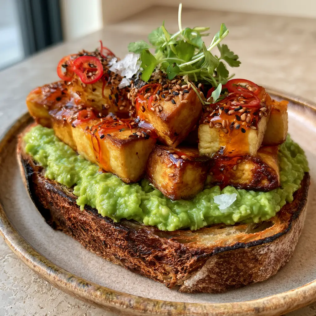 Paneer Avocado Toast: The Ultimate Spicy Fusion Breakfast 1 A single slice of paneer avocado toast on charred sourdough with micro-cilantro and black sesame seeds.