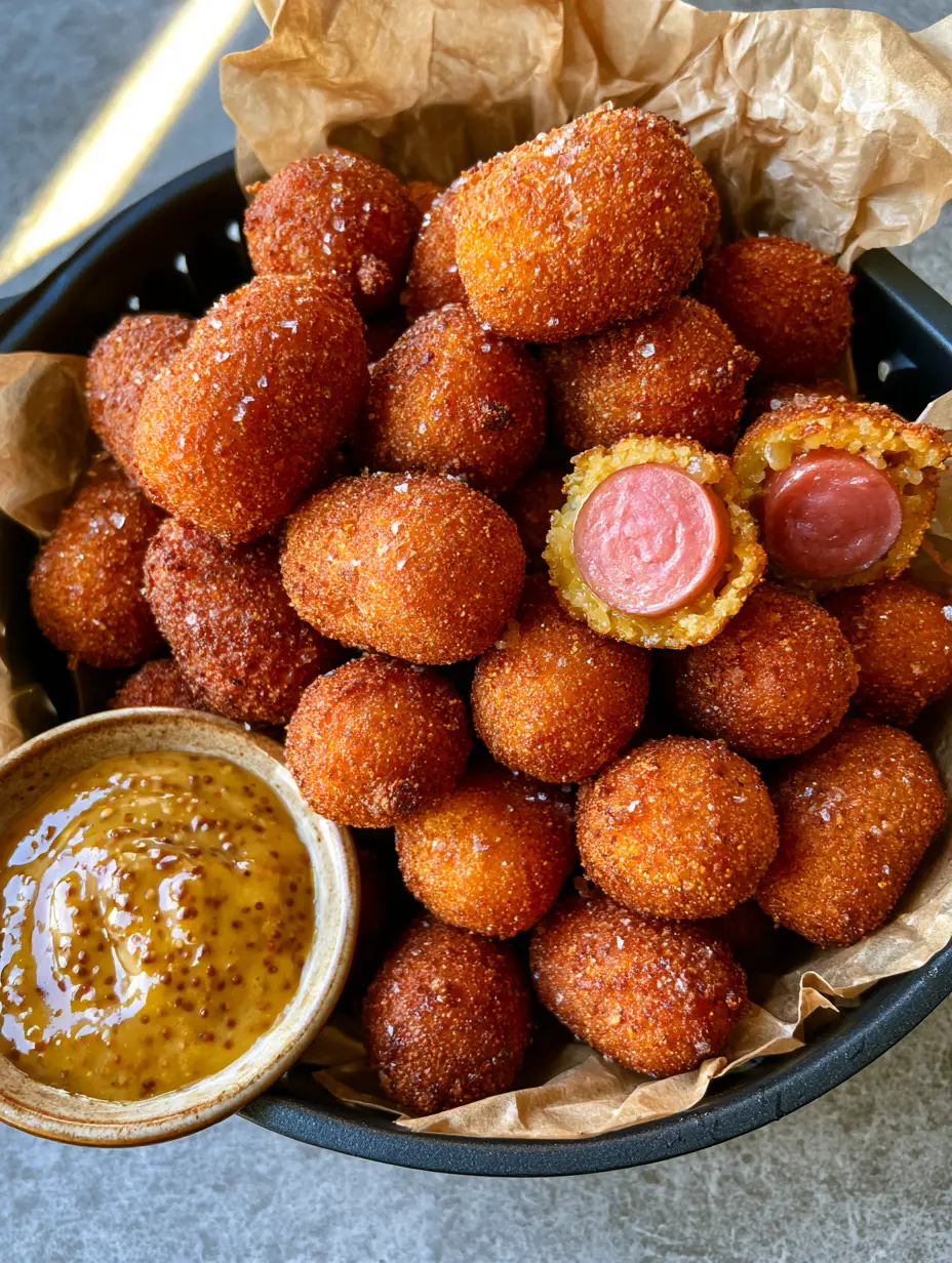 Corn Dog Bites: The Ultimate Crispy Air Fryer Appetizer Recipe 3 Top-down view of grainy corn dog bites in a black air fryer basket with sea salt. (corn dog bites)