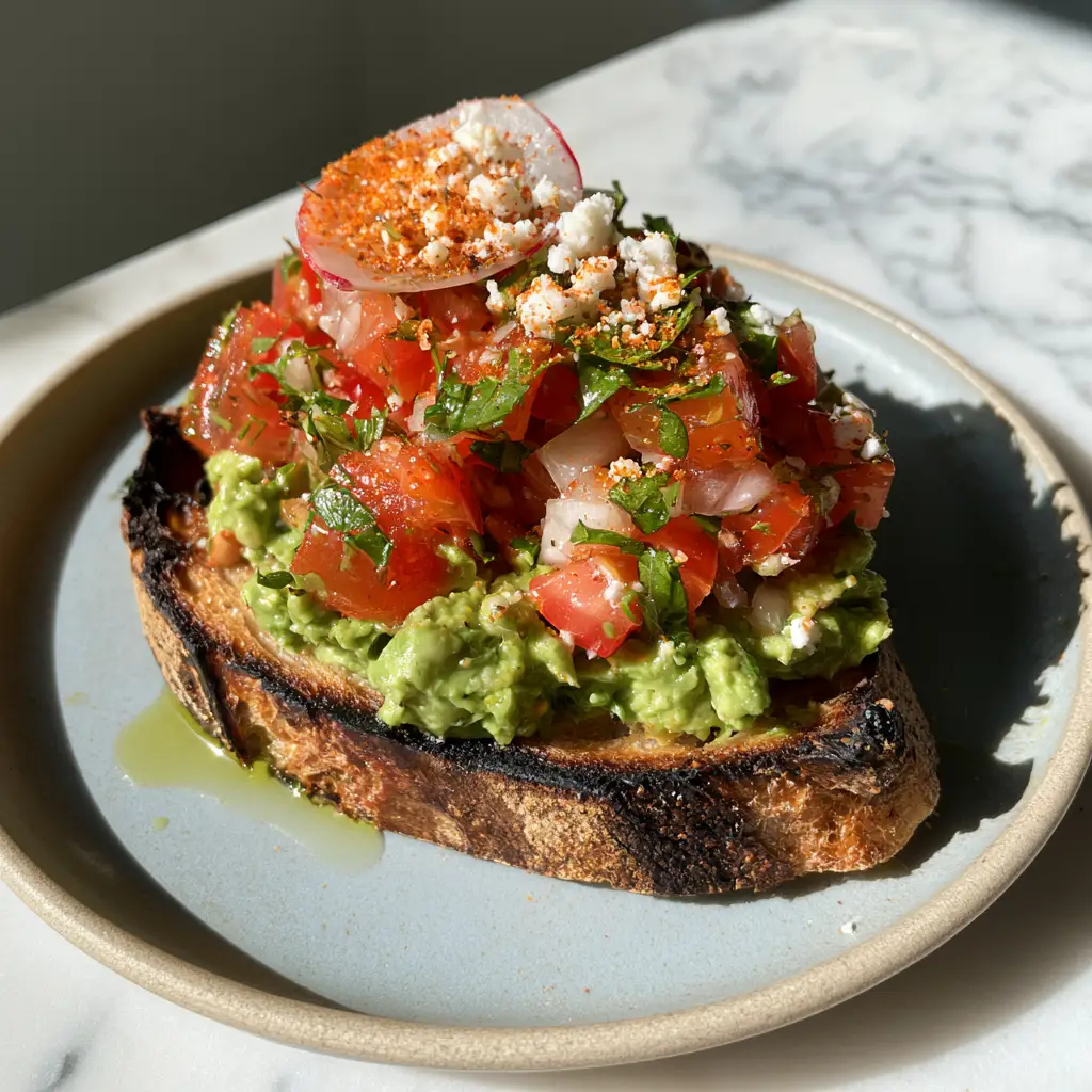 Salsa avocado toast on a marble countertop with soft morning light.