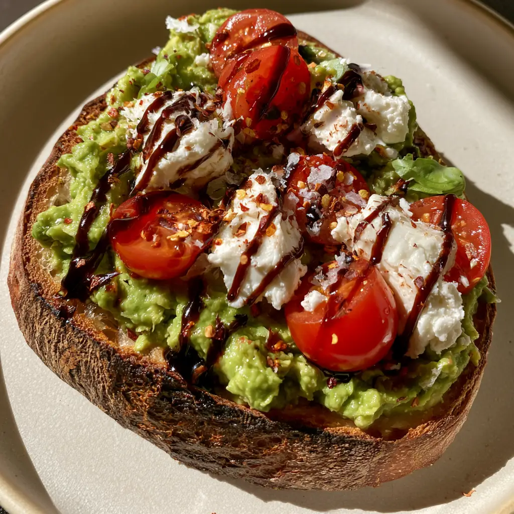 Close up handheld photo of mediterranean avocado toast showing the chunky avocado texture and micro-basil.