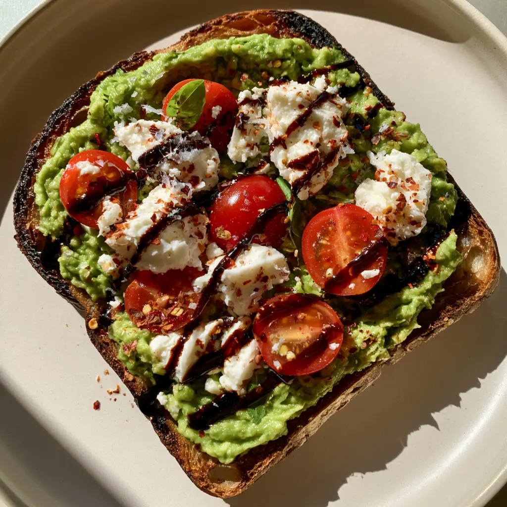 Overhead view of a blistered sourdough slice topped with feta, tomatoes, and a glossy balsamic drizzle.