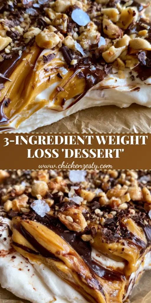 Snack Idea: High-Protein Frozen Peanut Butter and Chocolate Greek Yogurt Bark 4 A tall Pinterest pin showing a close-up of frozen yogurt bark with peanut butter swirls, dark chocolate, and sea salt on brown parchment paper. (snack idea)