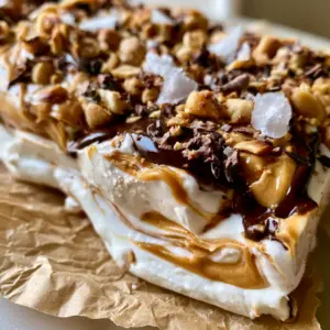Extreme close-up of frozen Greek yogurt bark featuring thick peanut butter swirls and glossy chocolate drizzle. (snack idea)