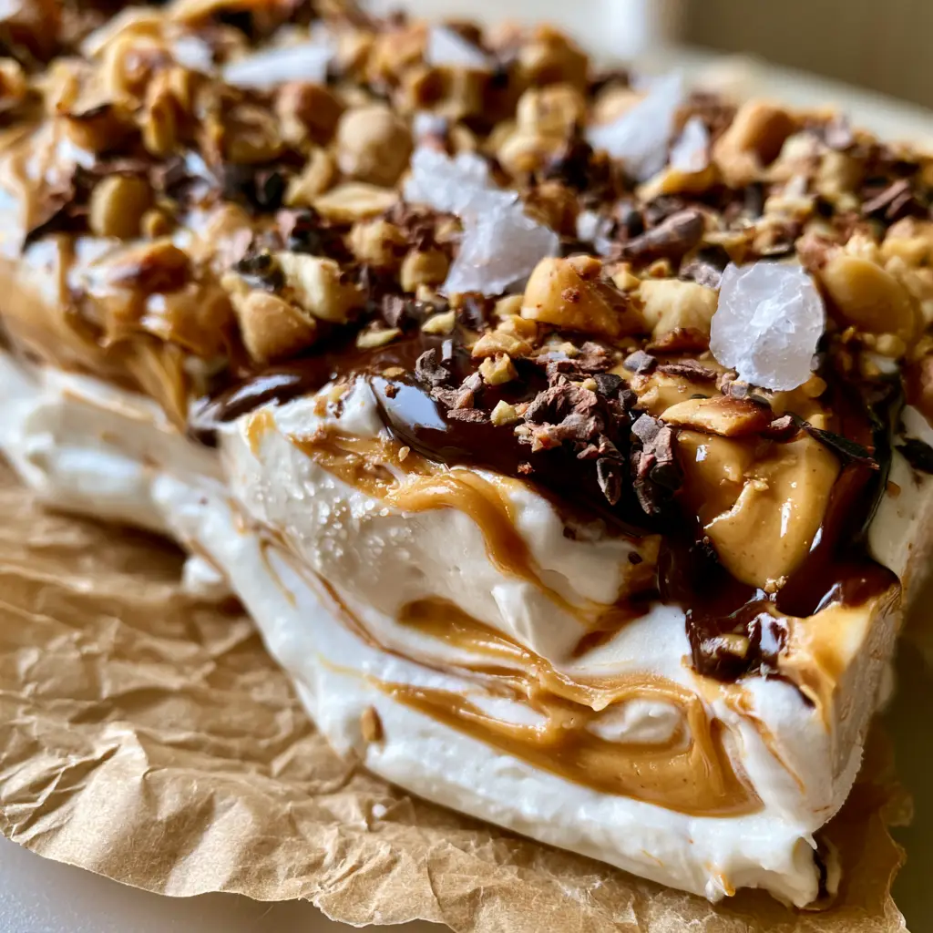 Extreme close-up of frozen Greek yogurt bark featuring thick peanut butter swirls and glossy chocolate drizzle. (snack idea)