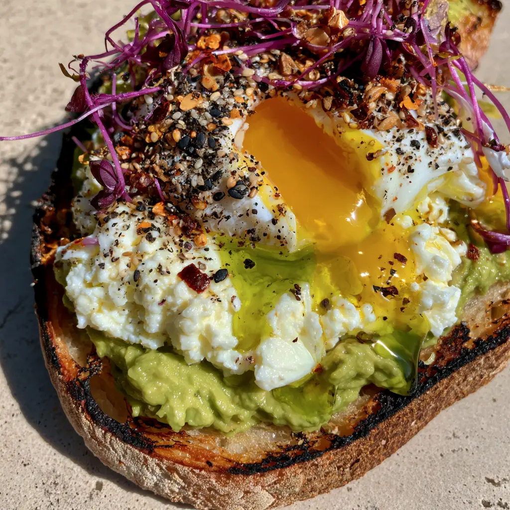Close-up high-angle shot of egg avocado toast with a golden punctured yolk and fluffy grated egg layers.