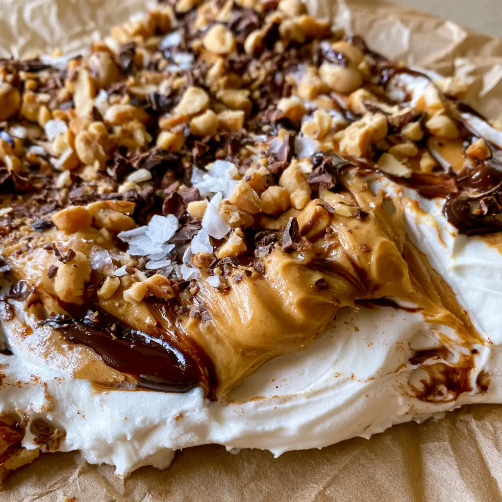 Snack Idea: High-Protein Frozen Peanut Butter and Chocolate Greek Yogurt Bark 1 Close-up of the toppings on the yogurt bark: crushed peanuts, cacao shards, and sea salt crystals.