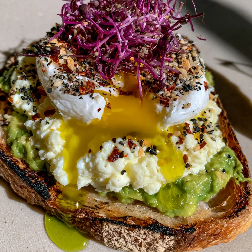 Egg Avocado Toast with Grated Egg and Runny Poached Yolk 1 Handheld smartphone style photography of gourmet egg avocado toast on a stone background.