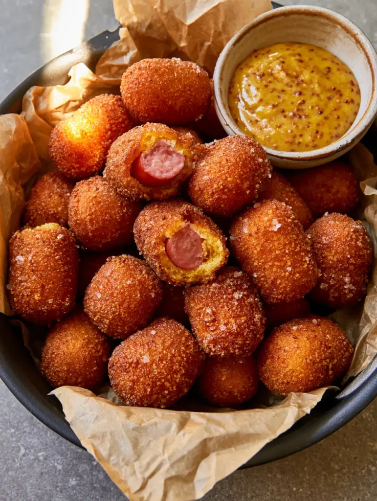 Corn Dog Bites: The Ultimate Crispy Air Fryer Appetizer Recipe 1 Close up of a sliced corn dog bite showing the juicy pink interior and crunchy honey cornmeal crust.