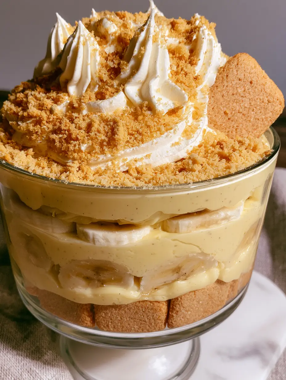 Banana Pudding with Square Shortbread and Vanilla Bean Custard Mousse 3 Close up of vanilla bean custard mousse layers with thick-sliced bananas and shortbread cookies in a banana pudding trifle.