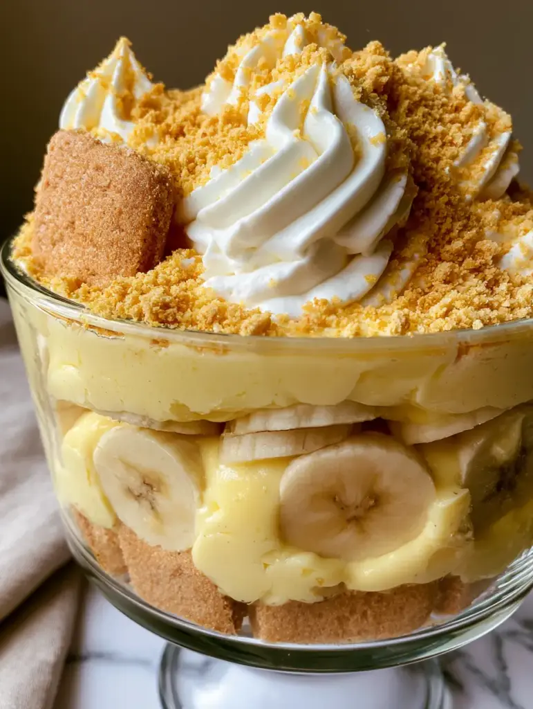 Banana Pudding with Square Shortbread and Vanilla Bean Custard Mousse 1 Stiff peaks of heavy whipped cream with crushed golden cookie crumbs and a mint sprig on top of banana pudding.