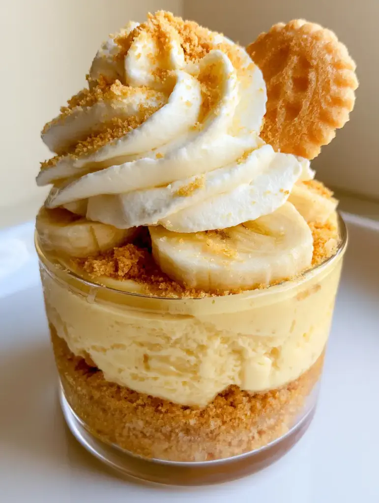Mini Banana Pudding Cheesecakes: The Ultimate Individual Dessert Recipe 1 Macro view of the stiff whipped cream swirl and fine vanilla wafer dusting on the Mini Banana Pudding Cheesecakes.