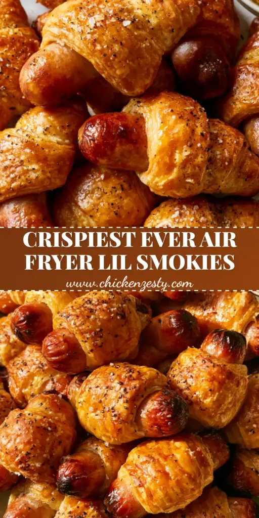 Lil Smokies in a Blanket with Zesty Honey Mustard Dipping Sauce 3 A close-up pile of golden-brown Lil Smokies in a Blanket on a rustic plate with honey mustard dip.