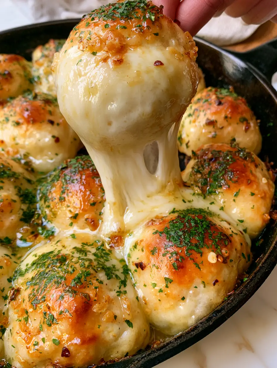 Cheesy Bombs Recipe: The Ultimate Garlic Butter Skillet Pull-Apart 3 Low-angle shot of 12 golden-brown puffed dough balls in a cast iron skillet with garlic butter glaze. (Cheesy Bombs recipe)