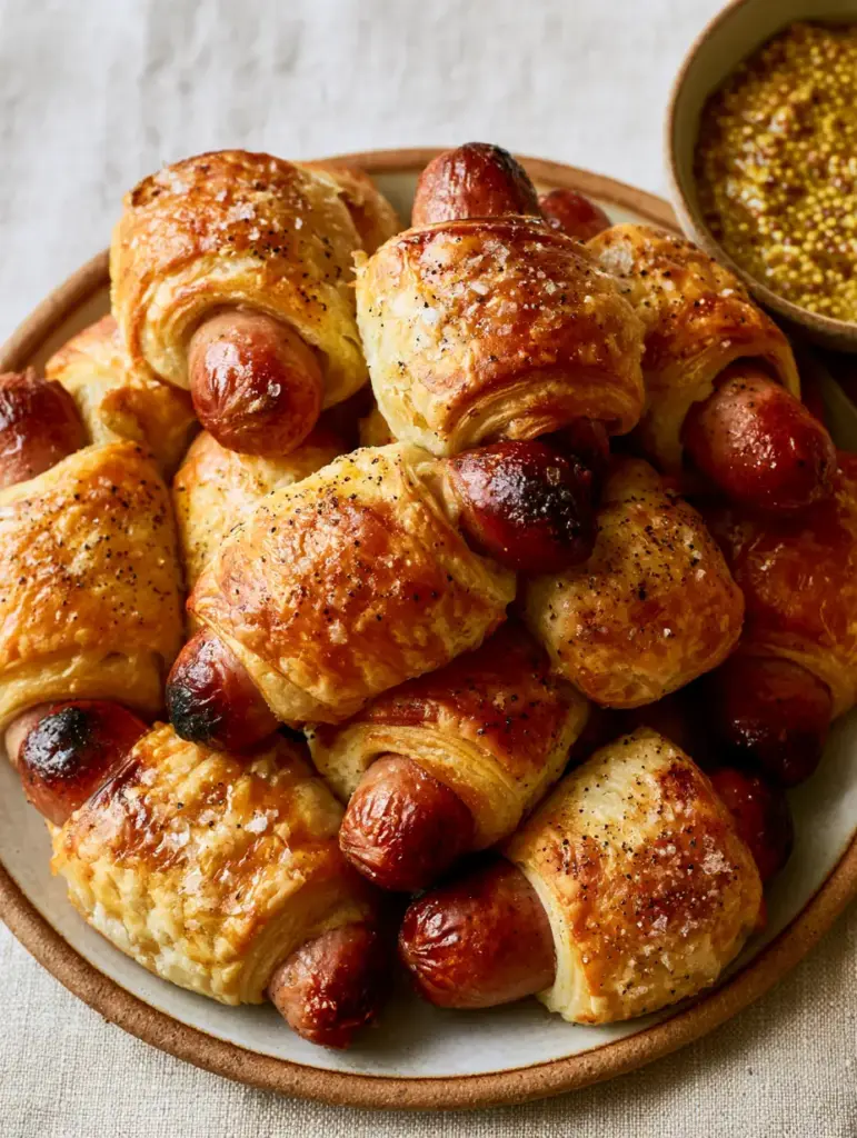 Lil Smokies in a Blanket with Zesty Honey Mustard Dipping Sauce 2 Smartphone-captured photo of flaky Lil Smokies in a Blanket showing shattered pastry layers.