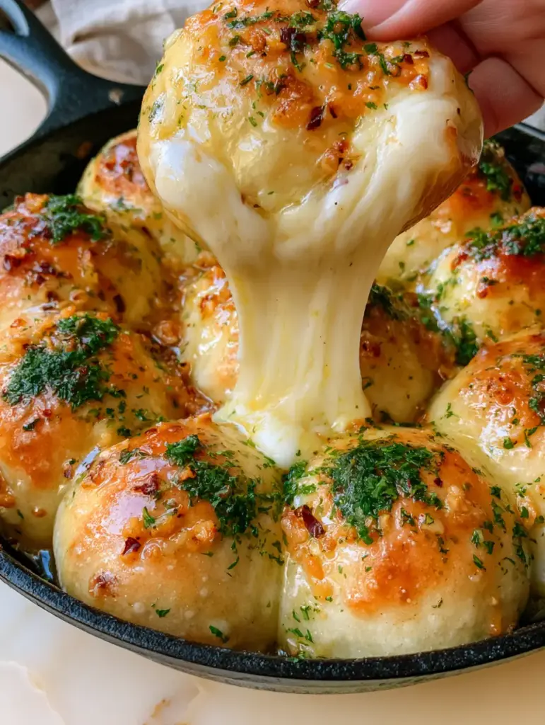 Cheesy Bombs Recipe: The Ultimate Garlic Butter Skillet Pull-Apart 1 Close-up of shimmering garlic butter glaze on baked dough with parsley and red chili flakes. (Cheesy Bombs recipe)