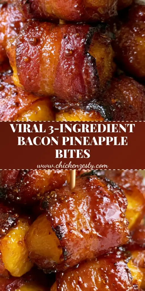 Close-up of a stack of bacon-wrapped pineapple bites with a thick mahogany glaze and wooden toothpicks on a plate. (bacon-wrapped pineapple bites)