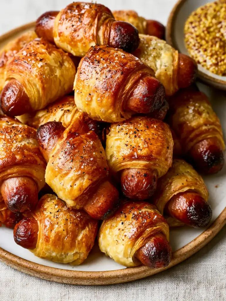 Lil Smokies in a Blanket with Zesty Honey Mustard Dipping Sauce 1 Detailed shot of blistered cocktail sausages peeking out of golden-brown pastry blankets.