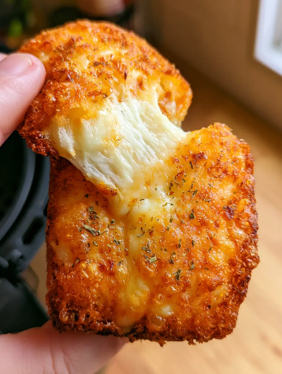 Cheesy Snack Recipe: Air-Fried Crispy Cheddar Squares with a Mozzarella Pull 3 A person pulling apart a crispy orange air-fried cheese bite showing a long mozzarella pull. (cheesy snack recipe)