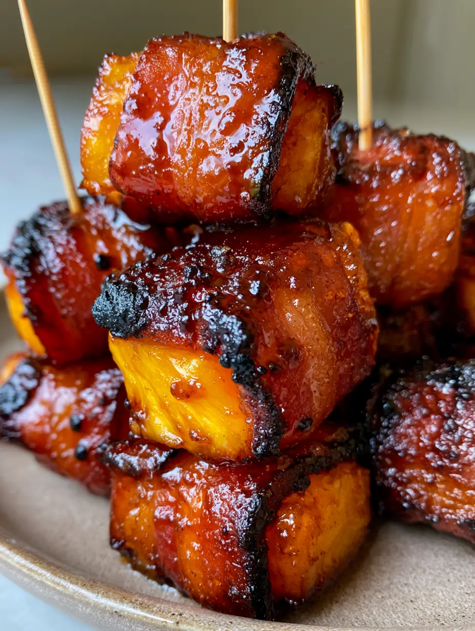 Extreme close-up of bacon-wrapped pineapple bites showing charred edges and tiny caramelized sugar bubbles in the glaze. (bacon-wrapped pineapple bites)