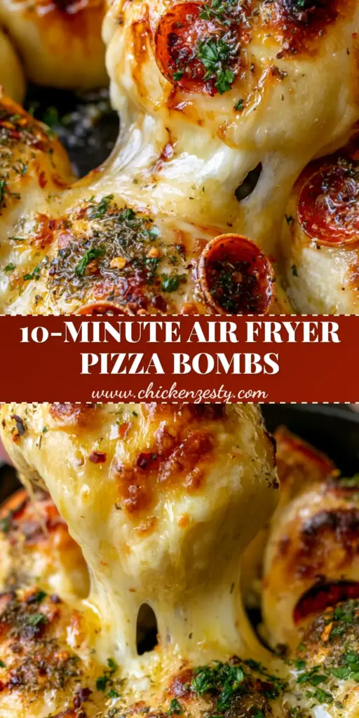 A cluster of golden-brown air-fried pepperoni pizza bombs in a cast iron skillet, pulled apart to show a long mozzarella cheese pull.