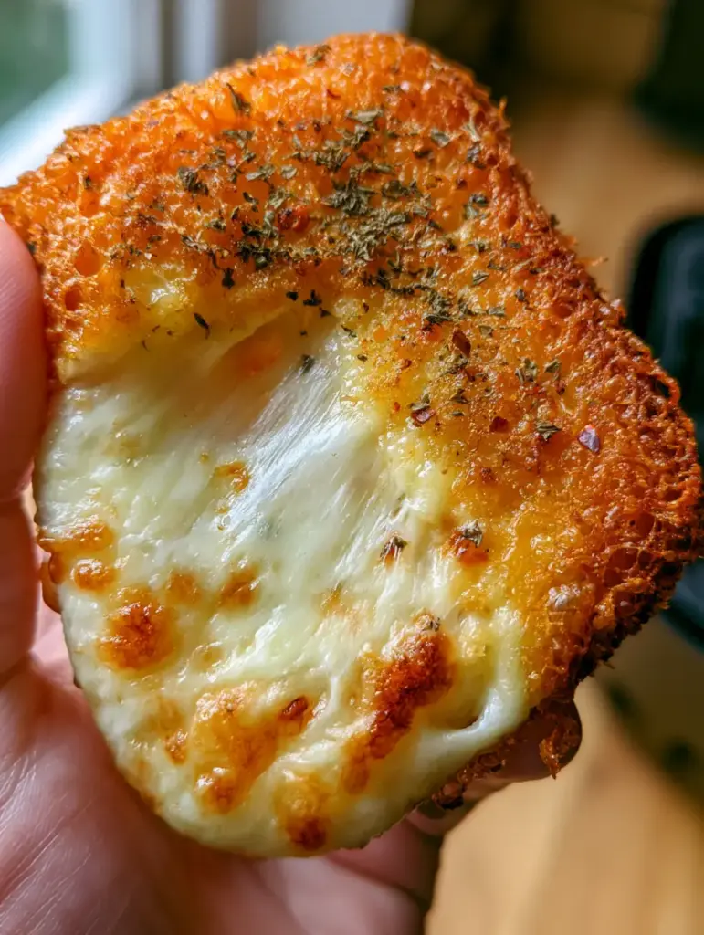Cheesy Snack Recipe: Air-Fried Crispy Cheddar Squares with a Mozzarella Pull 1 Close up of air-fried cheese bubbles and toasted oregano flakes on a square cracker snack. (cheesy snack recipe)