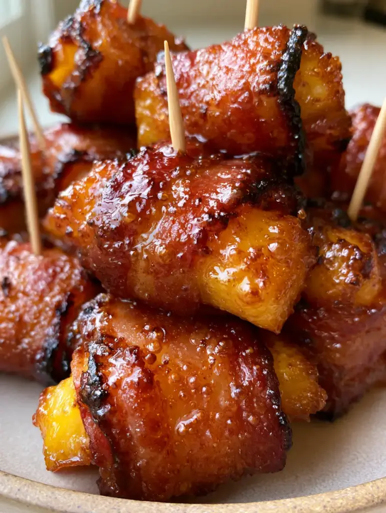A stack of glistening bacon-wrapped pineapple bites on a neutral stoneware plate with natural window lighting. (bacon-wrapped pineapple bites)