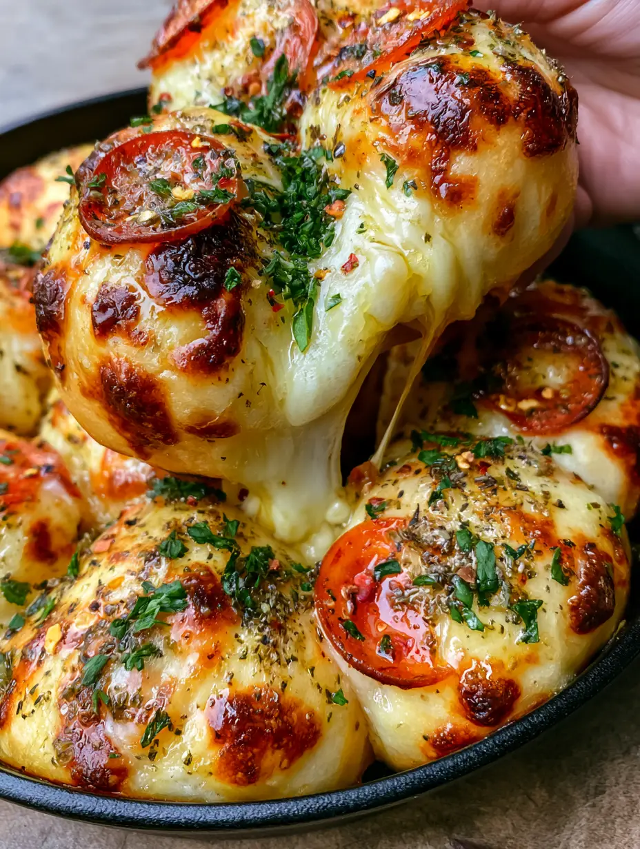 A person pulling a pepperoni pizza bomb apart, revealing a long and gooey mozzarella cheese pull with visible herbs and red pepper flakes.