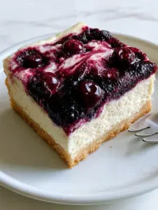 A handheld smartphone photo showing the three distinct layers of a thick blueberry cream cheese bar. (blueberry cream cheese bars)