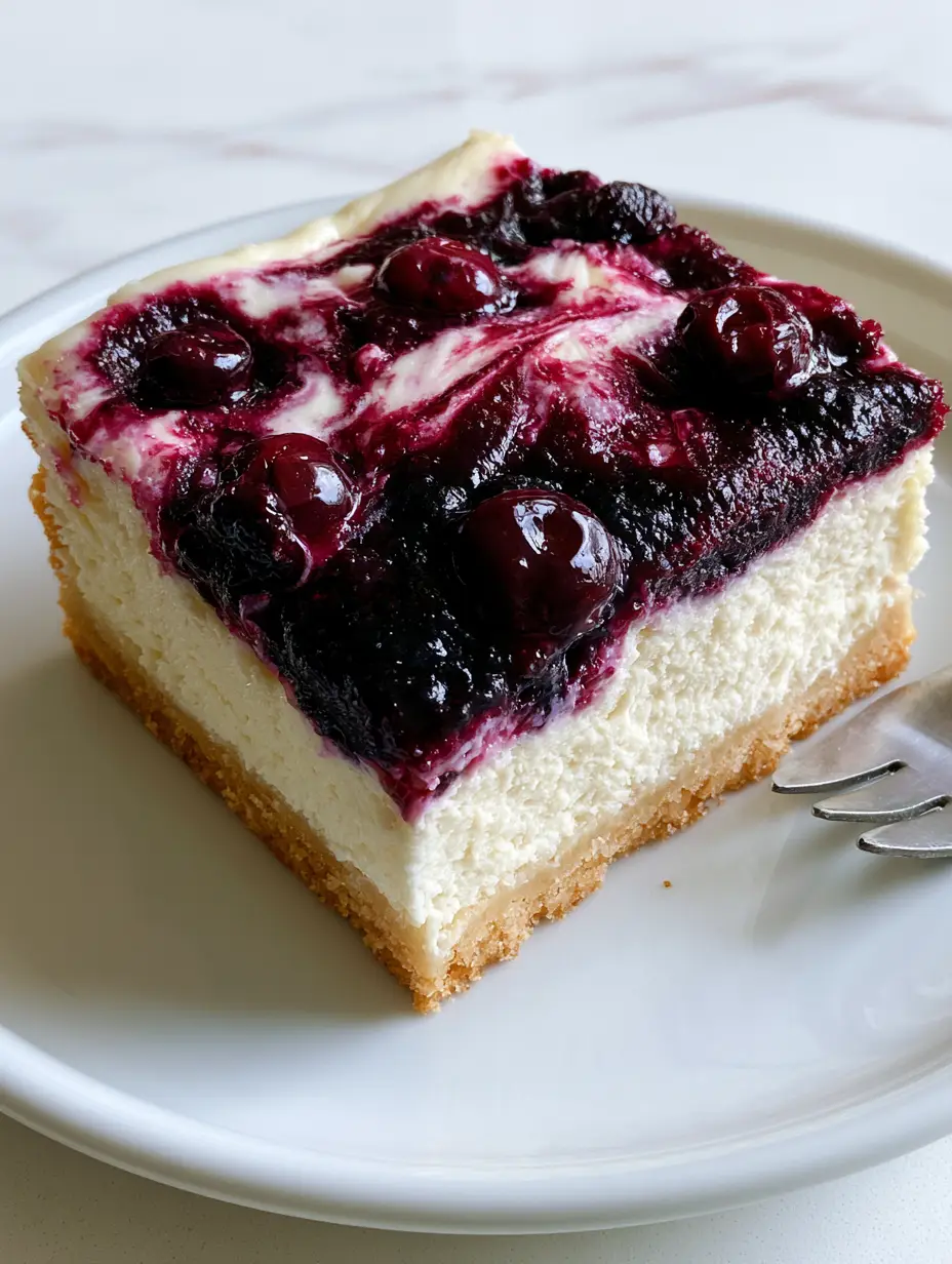 A handheld smartphone photo showing the three distinct layers of a thick blueberry cream cheese bar. (blueberry cream cheese bars)