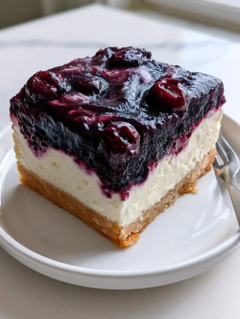 Overhead view of blueberry cream cheese bars with a heavy marble swirl of deep indigo sauce. (blueberry cream cheese bars)