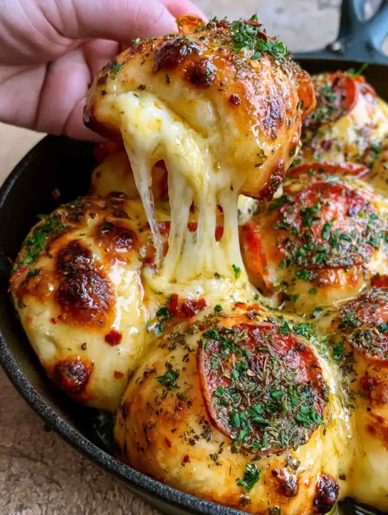 Close up of air-fried pizza bombs in a skillet, showing the glistening garlic butter glaze and crispy-edged pepperoni.