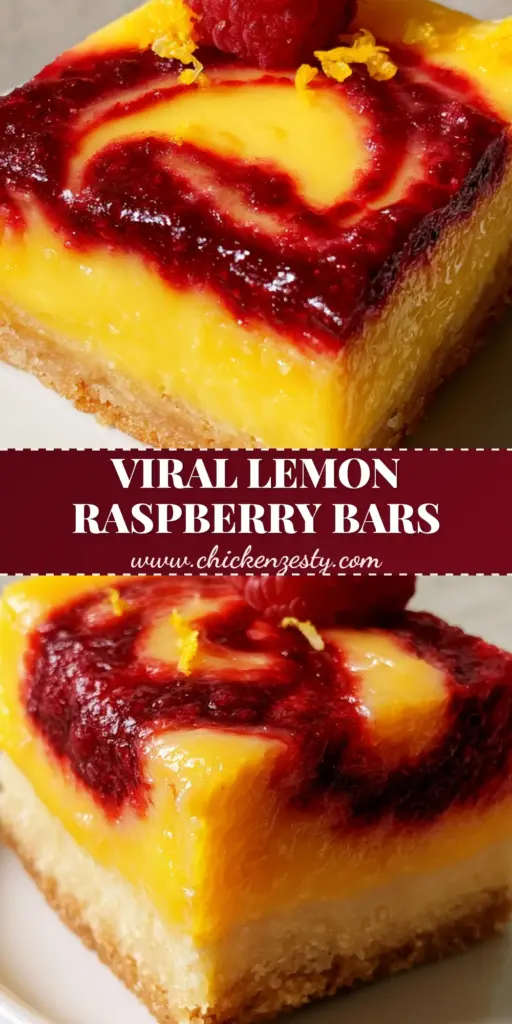 Lemon Raspberry Bars with a Buttery Shortbread Crust 4 A close-up shot of Lemon Raspberry Bars with thick neon-yellow curd and a deep crimson-red marbled swirl, garnished with fresh raspberries.