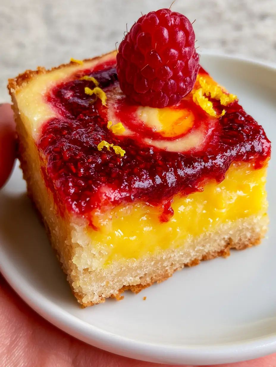 Lemon Raspberry Bars with a Buttery Shortbread Crust 3 A single handheld Lemon Raspberry Bar showcasing a golden-brown buttery shortbread crust and glossy lemon curd layer.