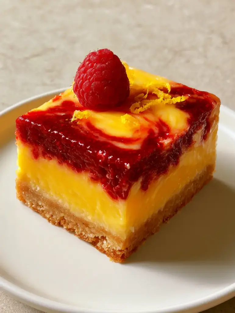 Lemon Raspberry Bars with a Buttery Shortbread Crust 1 Top view of Lemon Raspberry Bars on a white plate, highlighting the ruby-red raspberry coulis swirl and fresh lemon zest curls.