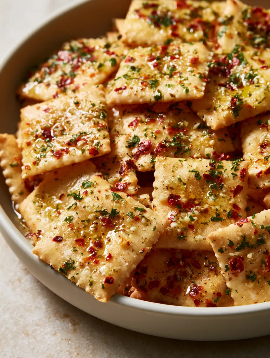 Southern Fire Crackers: The Ultimate Spicy Seasoned Saltine Recipe 3 A macro high-angle lifestyle shot of a pile of square Southern fire crackers overflowing from a modern ceramic bowl with visible sea salt crystals.