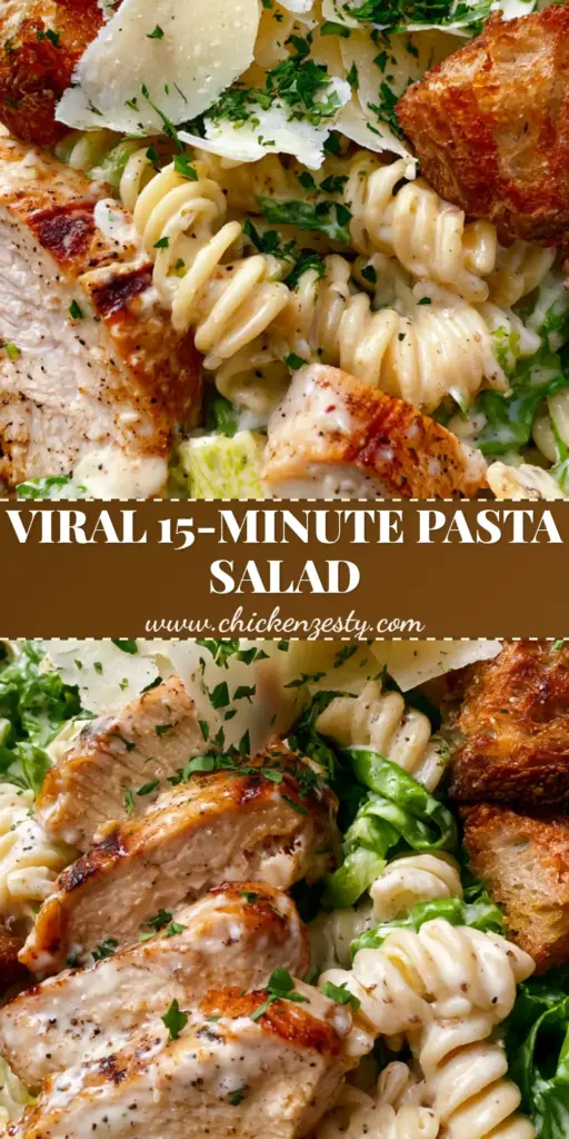 Chicken Caesar Pasta Salad with Seared Golden Chicken and Sourdough Croutons 4 A wide matte stoneware bowl filled with chicken Caesar pasta salad, featuring golden seared chicken and sourdough croutons.