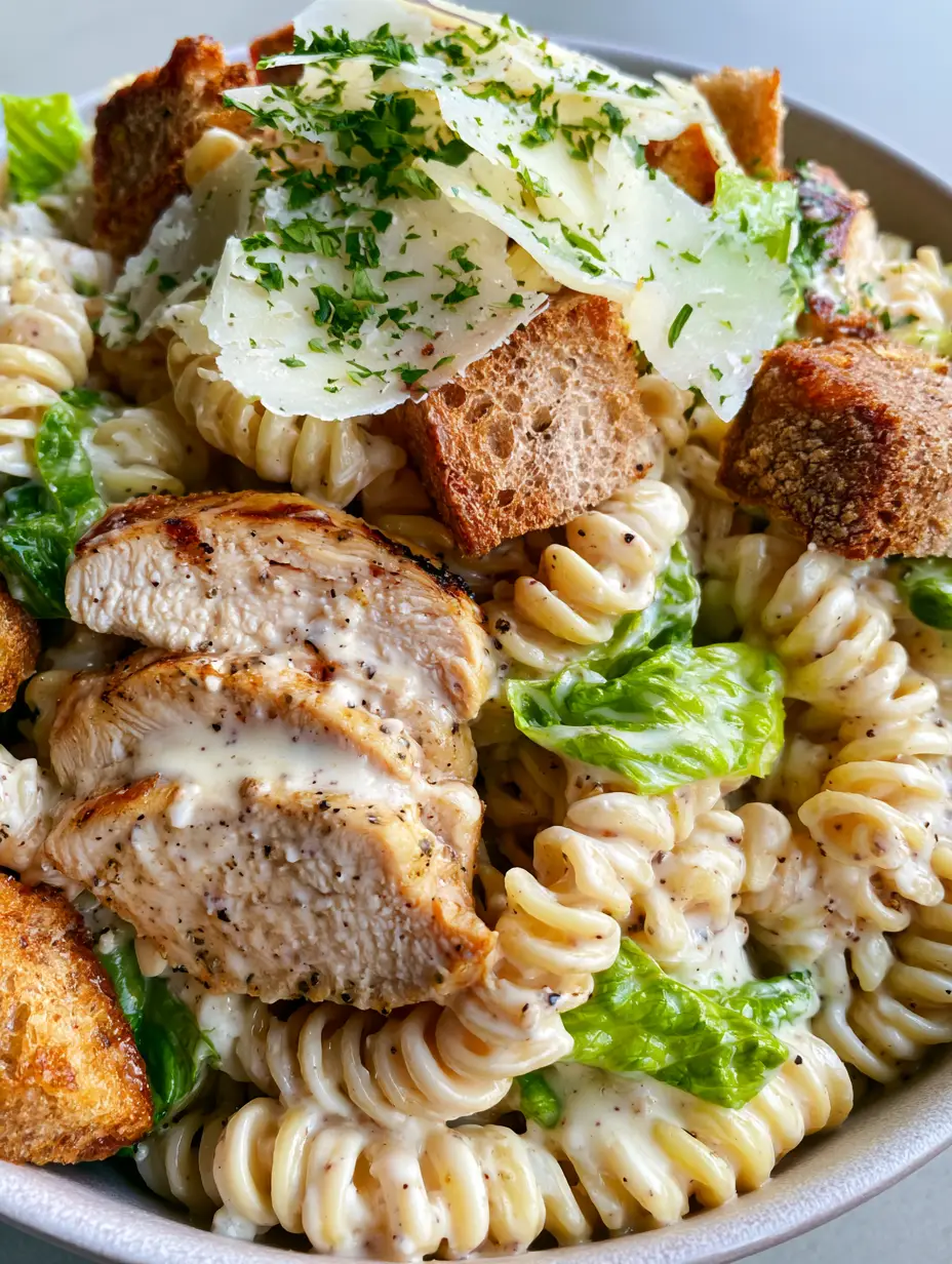 Chicken Caesar Pasta Salad with Seared Golden Chicken and Sourdough Croutons 3 Close-up of chicken Caesar pasta salad showing the glossy ivory dressing and black pepper specks.